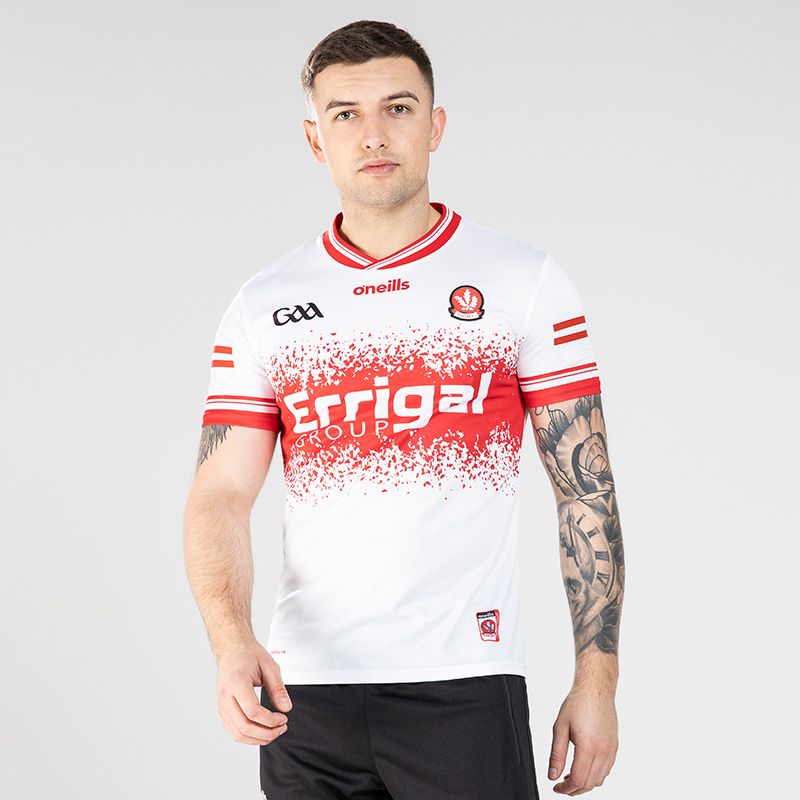 White Derry GAA 2 Stripe Player Fit Alternative Jersey 2024 with Errigal Group sponsor logo on the chest by O’Neills.