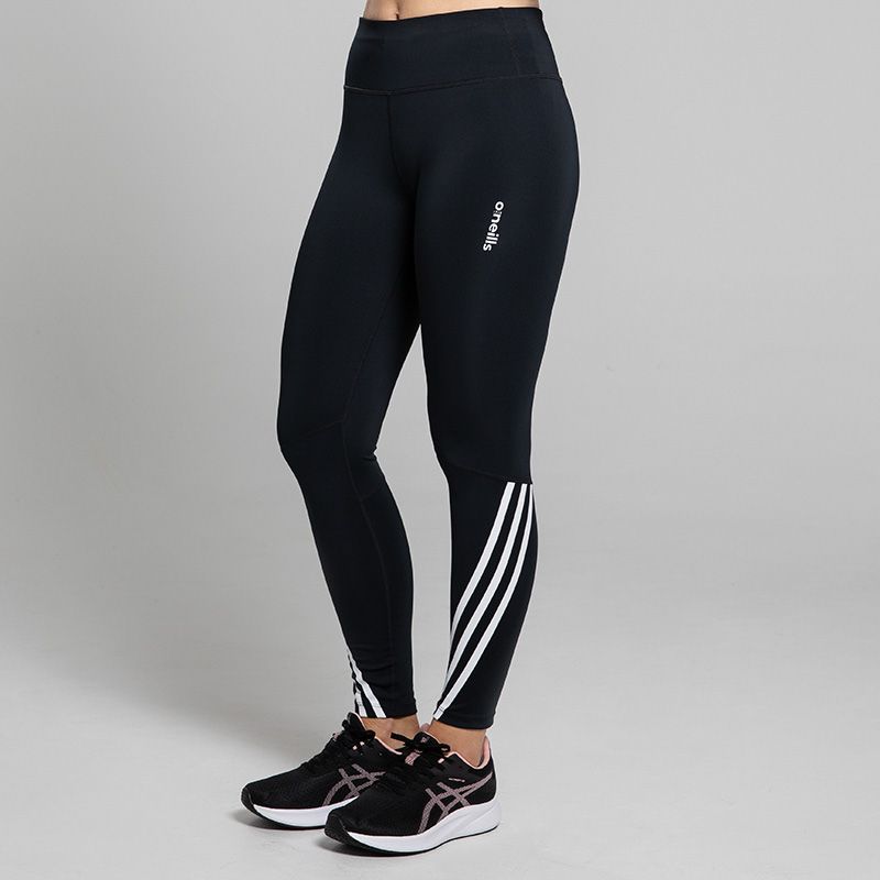 Black Women's Tilly High Waisted Gym Leggings with 7/8 length and 3 white stripes by O’Neills.