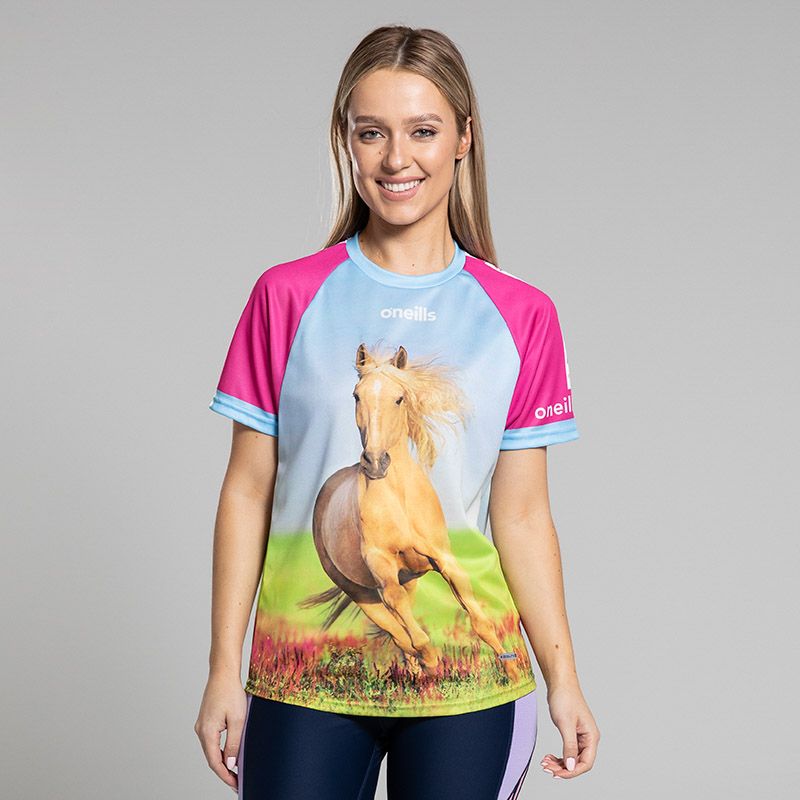 Blue Women’s Horse Power O’Neills ploughing jersey with image of a horse on the front.