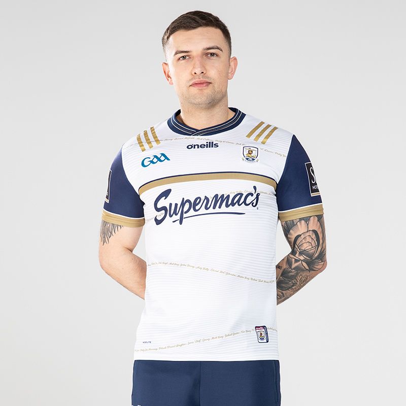White, Navy and Gold Galway GAA Commemoration Goalkeeper Jersey with 1923/24 in gold on the back by O’Neills.