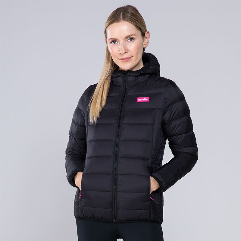 Black Women's padded jacket with a hood and pink O'Neills branding front view.