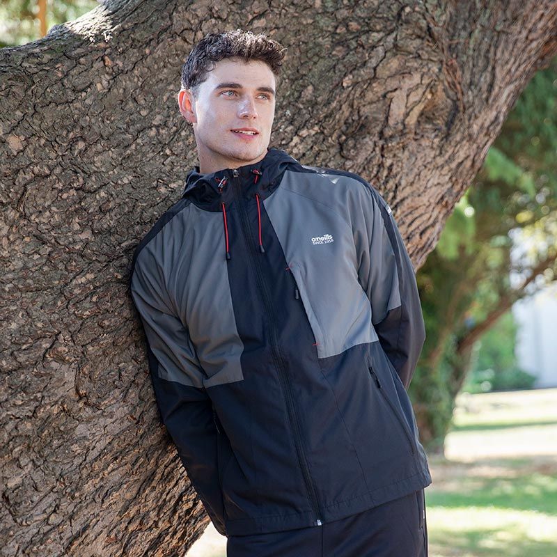 Black Men’s Hooded Rain Jacket with waterproof and wind resistant properties from O’Neills.