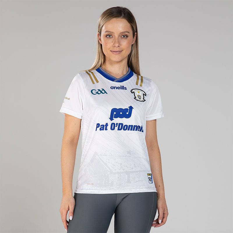 White Women's Clare GAA Commemoration Jersey with Michael Cusack cottage on the front and image of Michael Cusack on the sleeve by O’Neills.