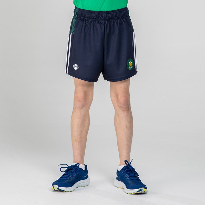Navy Kids' Belcourt Éire Shorts, with an Ireland crest on the left leg from O'Neill's.