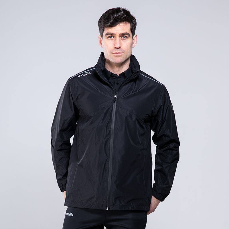 Black mens Dalton rain jacket/coat with a drawstring hood and pockets by O'Neills. 