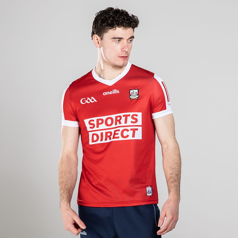 Red/White Men's Cork GAA Home Jersey Player Fit with 2 stripe detail on sleeves by O'Neills.