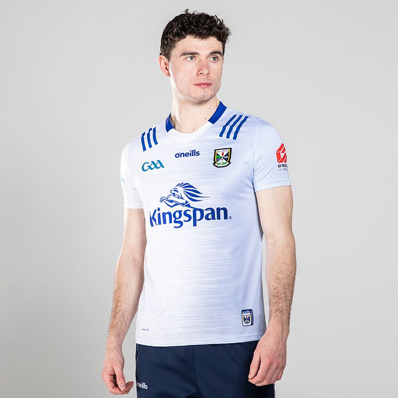White/Royal Blue Men's' Cavan GAA Goalkeeper Jersey 2023, with 3 stripes on shoulders by O'Neills. 