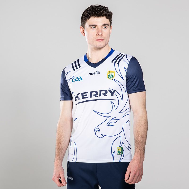 White/Navy Men's Kerry GAA Away Jersey with 3 stripe detail on shoulders by O'Neills. 
