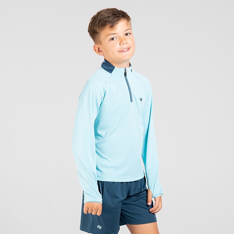 Blue Kids’ Adapt Half Zip Midlayer Top with bubble textured sleeves and thumbholes by O’Neills.