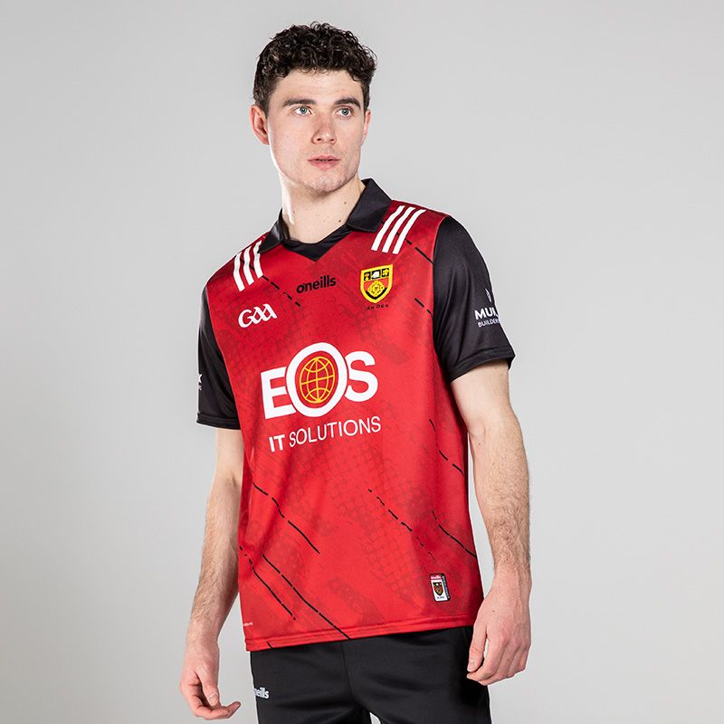 Red/Black Men's Down GAA Home Jersey 2023, with sponsoring logos by O'Neills. 