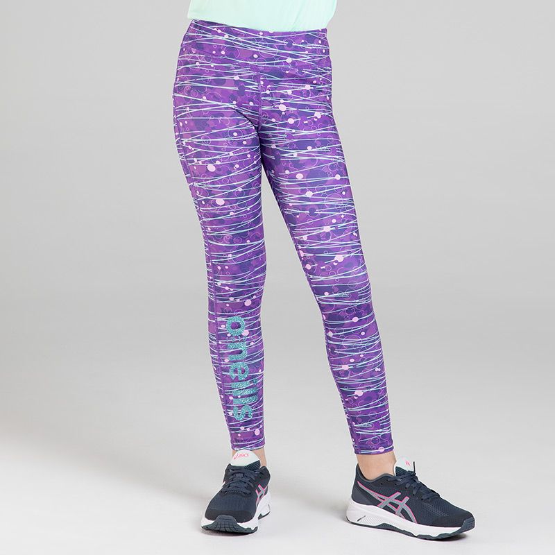 Purple girls sports leggings with splatter print design and hidden pocket in the waistband by O’Neills.