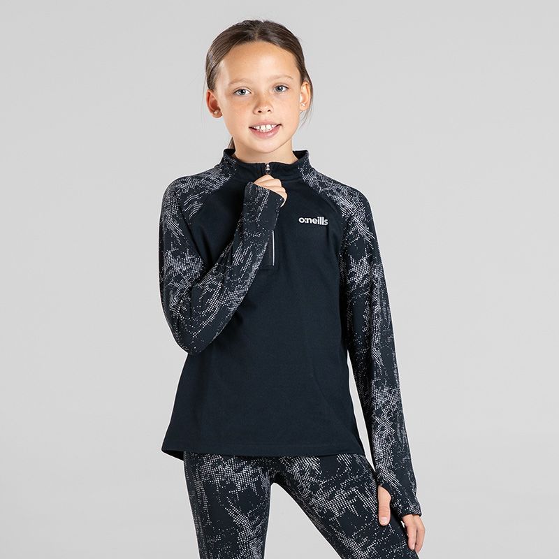 Black Kids reflective half zip top with reflective camouflage design on the sleeves by O’Neills. 