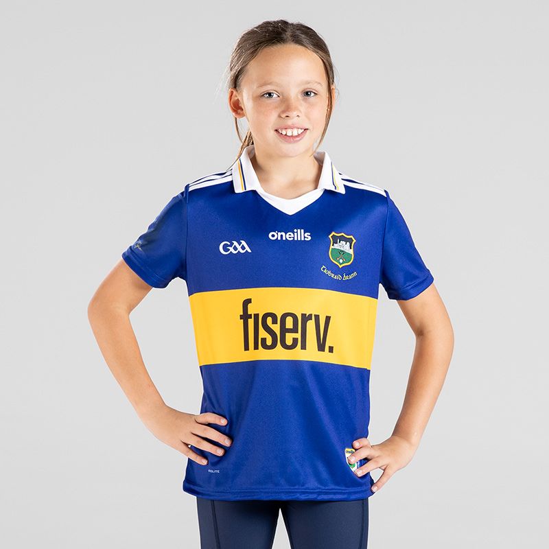 Blue/Yellow Kids' Tipperary GAA Home Jersey 2022 with sponsor logos by O'Neills.