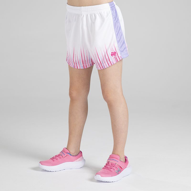 White Kids’ Miley Sports Shorts with pink and lavender ombre design by O’Neills.