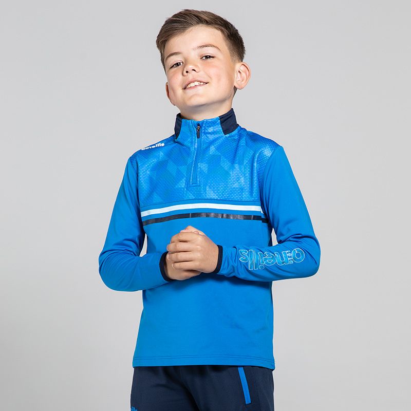 Blue Aragon Kids’ half zip top with a geometric print on the chest from O’Neills.
