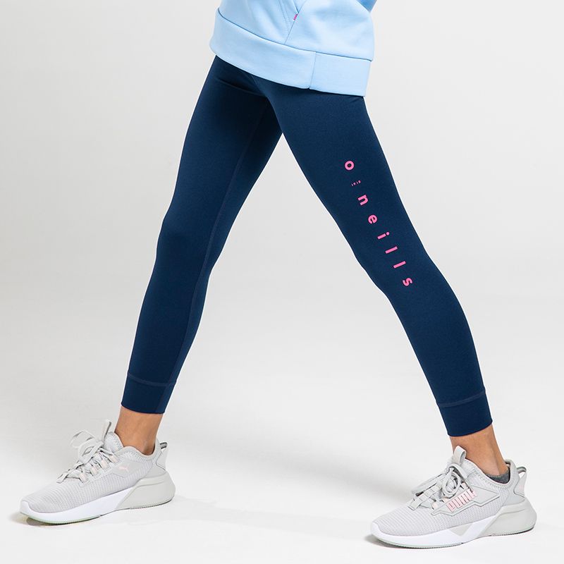Navy girls leggings with pink O'Neills branding on the left leg model image.