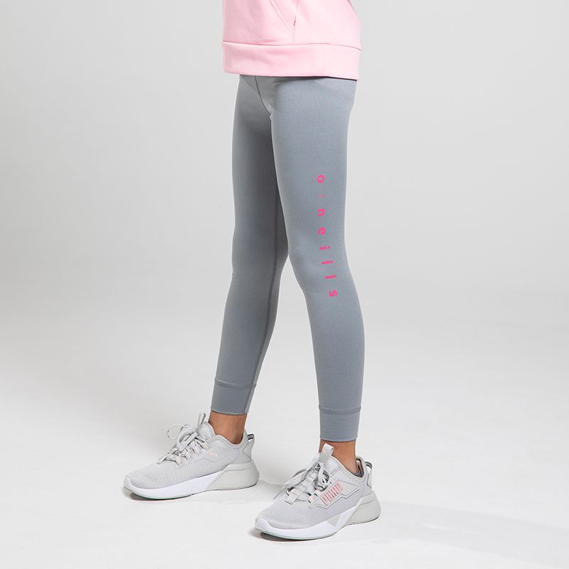 Grey Girls leggings with pink O'Neills branding on the left leg model image.