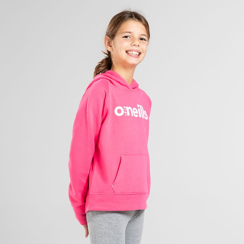 Pink Kids' Emily Fleece Pullover Hoodie, with Large kangaroo pouch pocket from O'Neills model image.