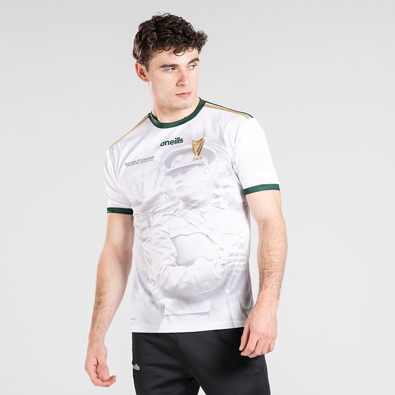 White Michael Collins Commemoration Jersey features a portrait of Michael Collins on the front with some of the most famous quotes from 