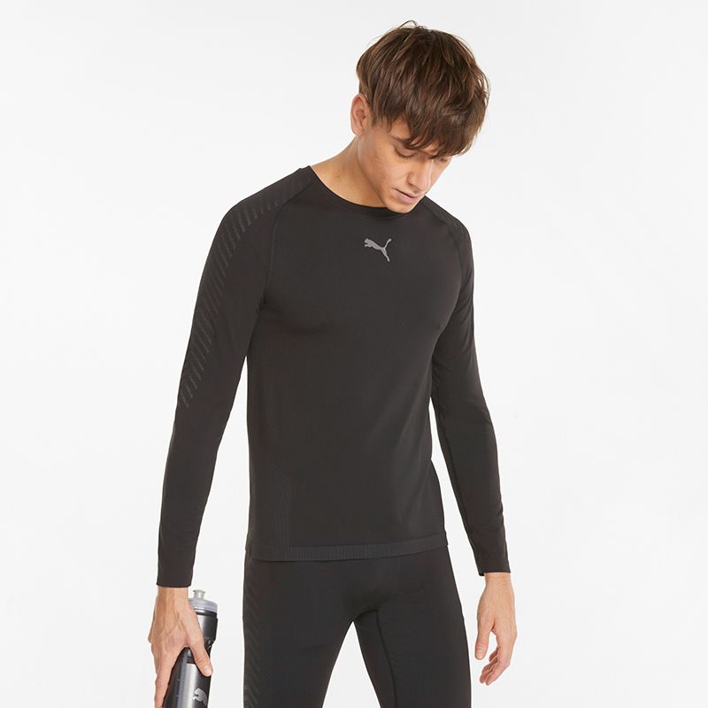 Men's Black Puma Formknit Seamless Long Sleeve Training T-Shirt, with moisture-wicking dryCELL technology from O'Neills.