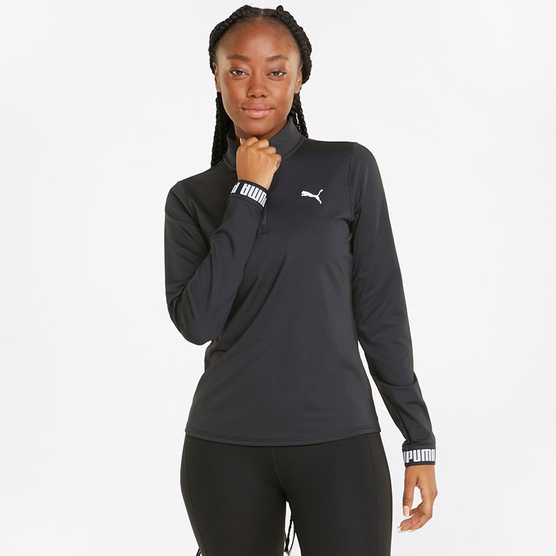 Black Puma women's quarter zip training top with branded cuffs from O'Neills.