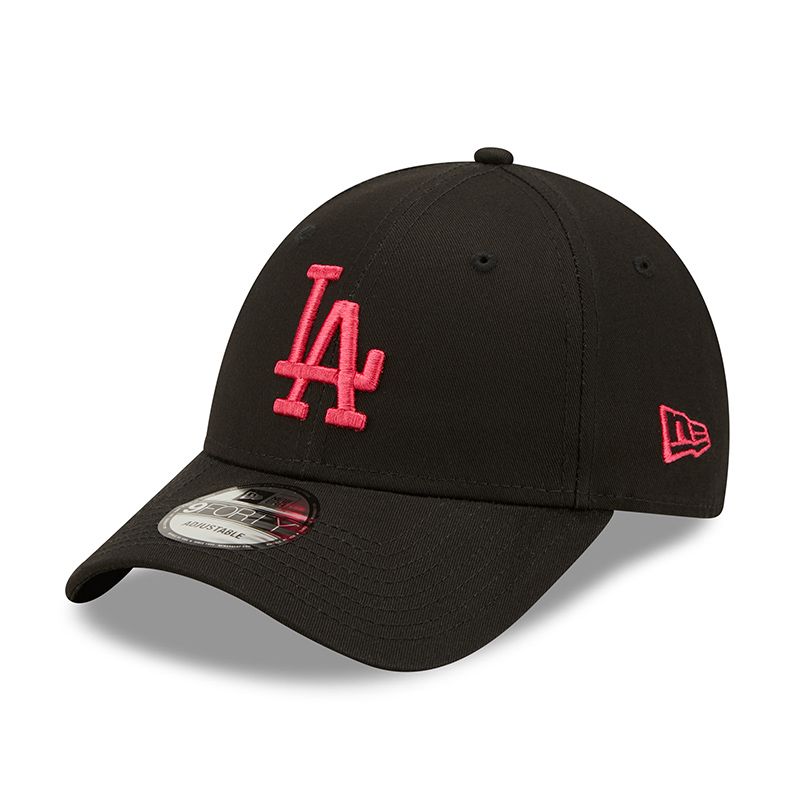 Black New Era LA Dodgers League Essential 9FORTY Cap with red team branding on the front from O'Neills