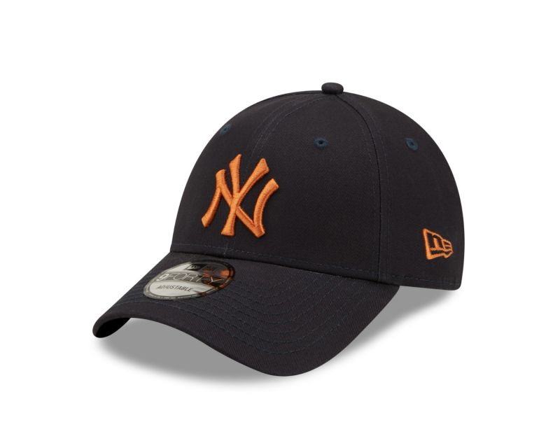 Navy New Era New York Yankees League Essential 9FORTY Cap with orange team branding on the front from O'Neills
