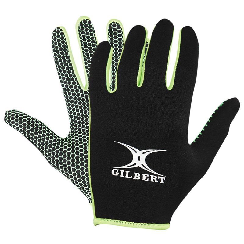 Black and Green Gilbert Atomic Training Gloves, with strong silicon pattern on the palms to enhance grip in wet conditions from O'Neills.
