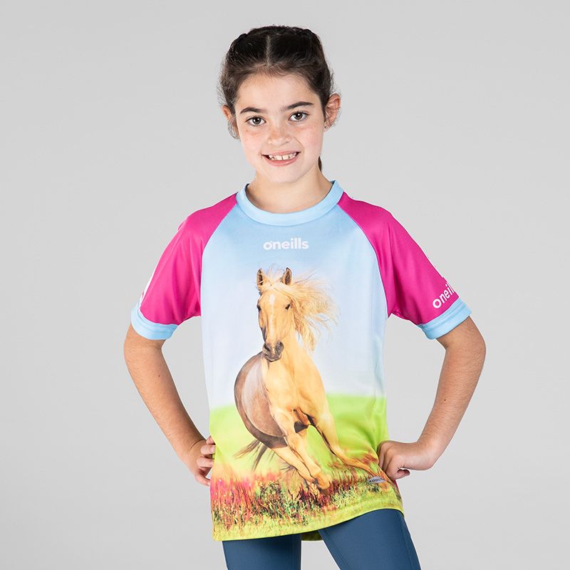 Blue Kids’ Horse Power O’Neills ploughing jersey with image of a horse on the front.