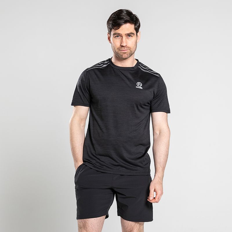 Dark Grey men’s training t-shirt with stripe detail on the shoulders by O’Neills.