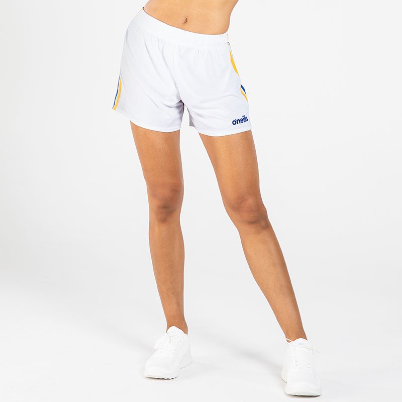 Women's white mourne shorts with royal and amber stripes.