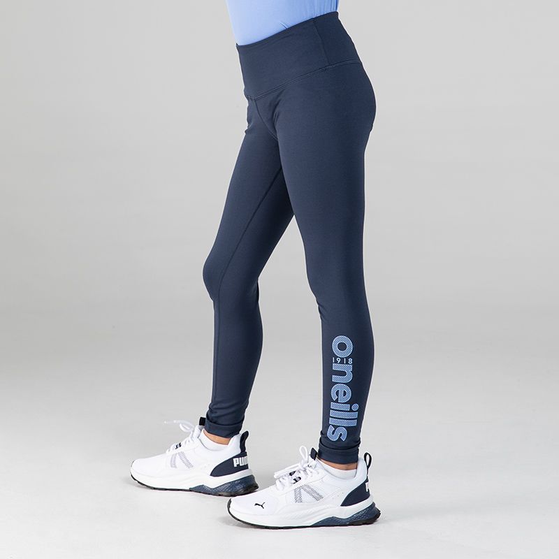 Navy girls’ sports leggings with two mesh side pockets by O’Neills. 