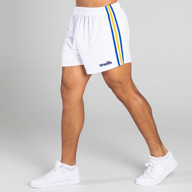 White/Royal Blue/Yellow Men's Mourne Shorts, with 3 stripe detail on side of legs by O'Neills. 