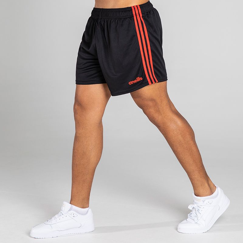 Black/Red Men's Mourne Shorts with 3 stripe detail on side of legs by O'Neills. 
