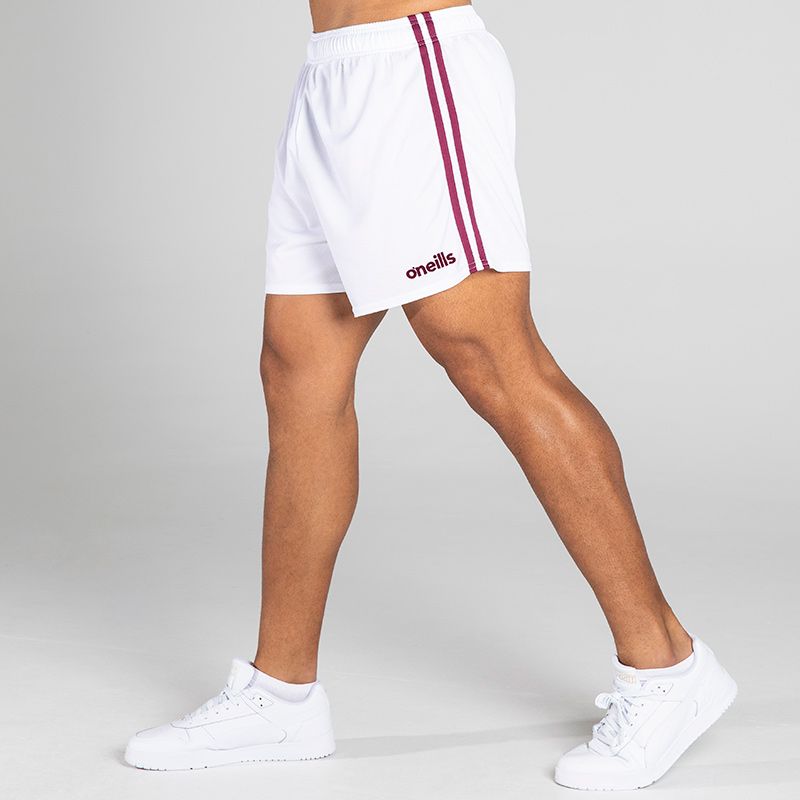 White/Maroon Men's Mourne Shorts with 2 stripe detail on side of legs by O'Neills. 