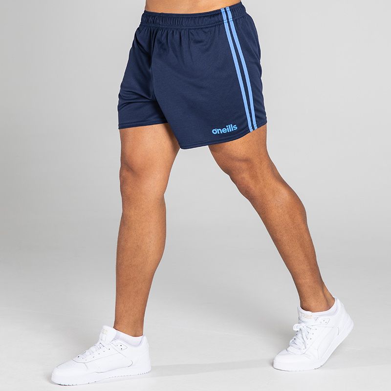 Navy/Sky Blue Men's Mourne Shorts with 2 stripe detail on side of legs by O'Neills. 
