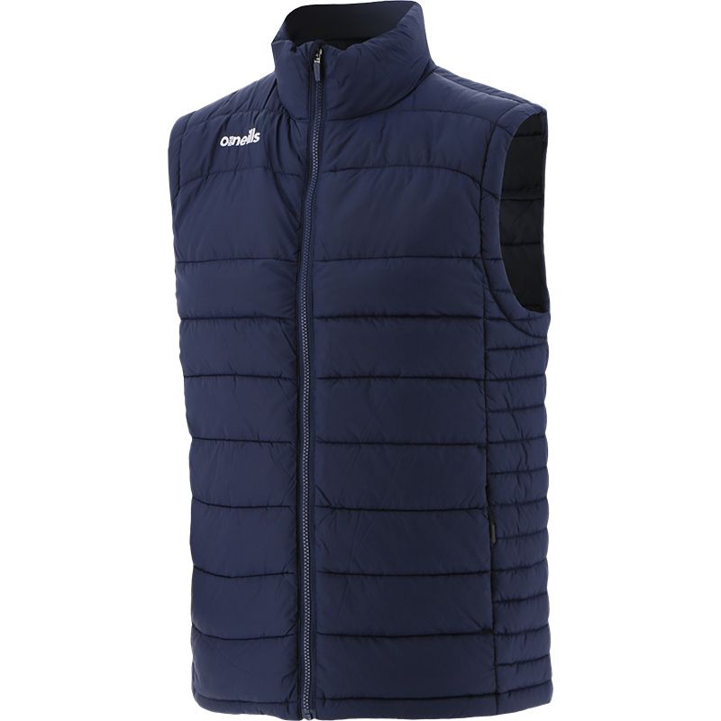 Navy kids padded gilet with high neck and embroidered logo by O'Neills.