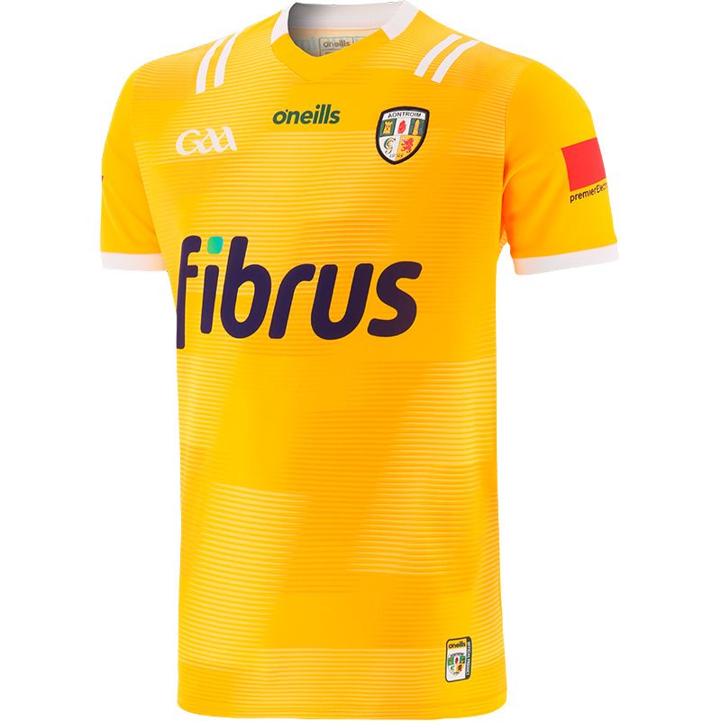 Antrim GAA Home jersey with sponsor logo by O’Neills.