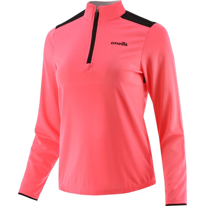 Pink women's gym half zip top with black shoulder detail from O'Neills.