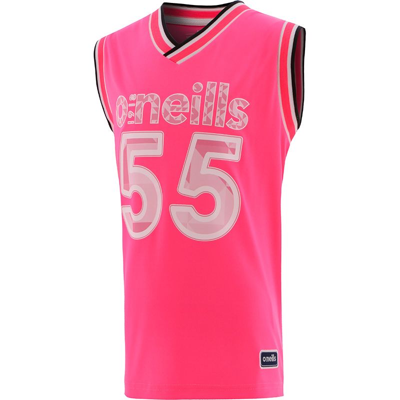 Pink girls’ basketball vest top with O’Neills branding and number 55 printed on the front and back.