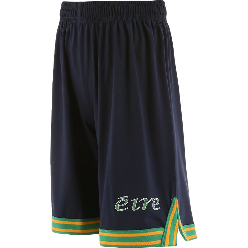 Navy kids’ basketball ball shorts with green woven tape detail and Éire printed on the left leg by O’Neills.