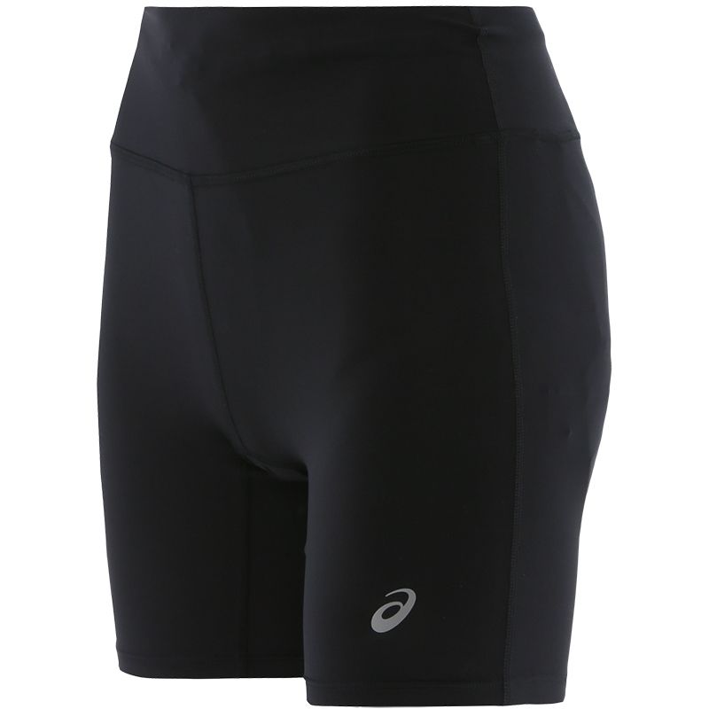 Black ASICS women's running shorts with reflective logo from O'Neills.