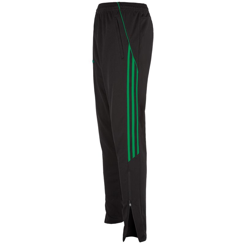 Black Kids' Skinny Tracksuit Bottoms with Zip Pockets and Three Green Stripes on the Side by O’Neills.