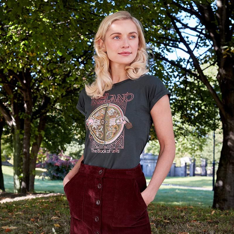 Green women's Book of Kells t-shirt with short sleeves and foil print on the front from O'Neills.