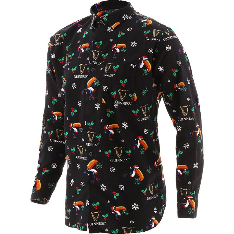 Black Guinness Men's Toucan Long Sleeve Shirt, with Guinness Toucan and Mistletoe printed design from O'Neill's.