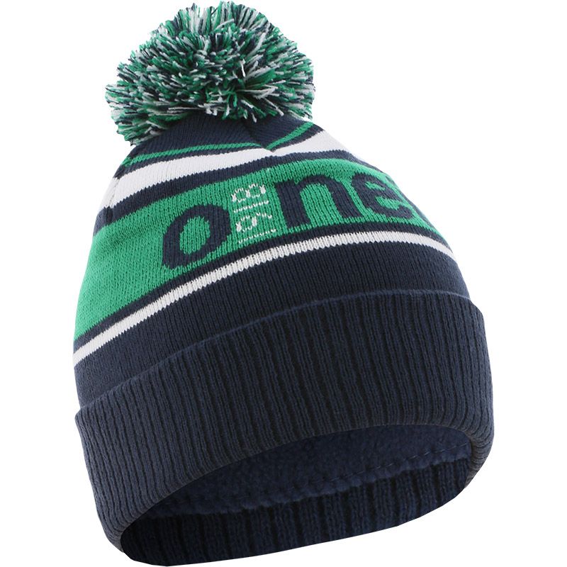 Marine and Green boulder knit bobble hat with large pom-pom by O’Neills.