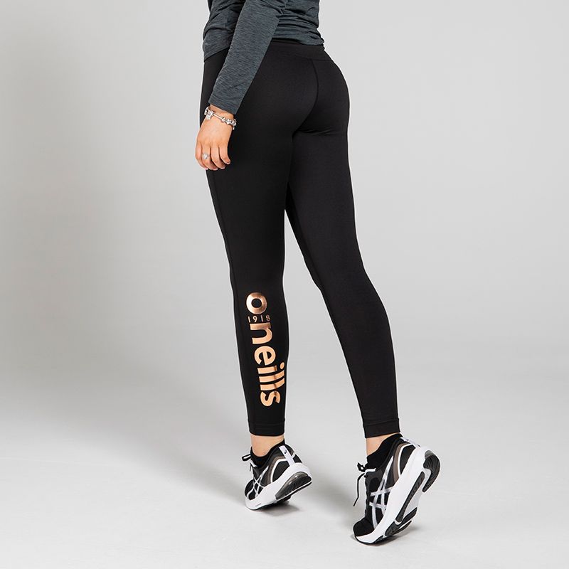 Black and Rose Gold Brodie leggings made from a cotton soft stretch fabric with compression hold from O'Neills