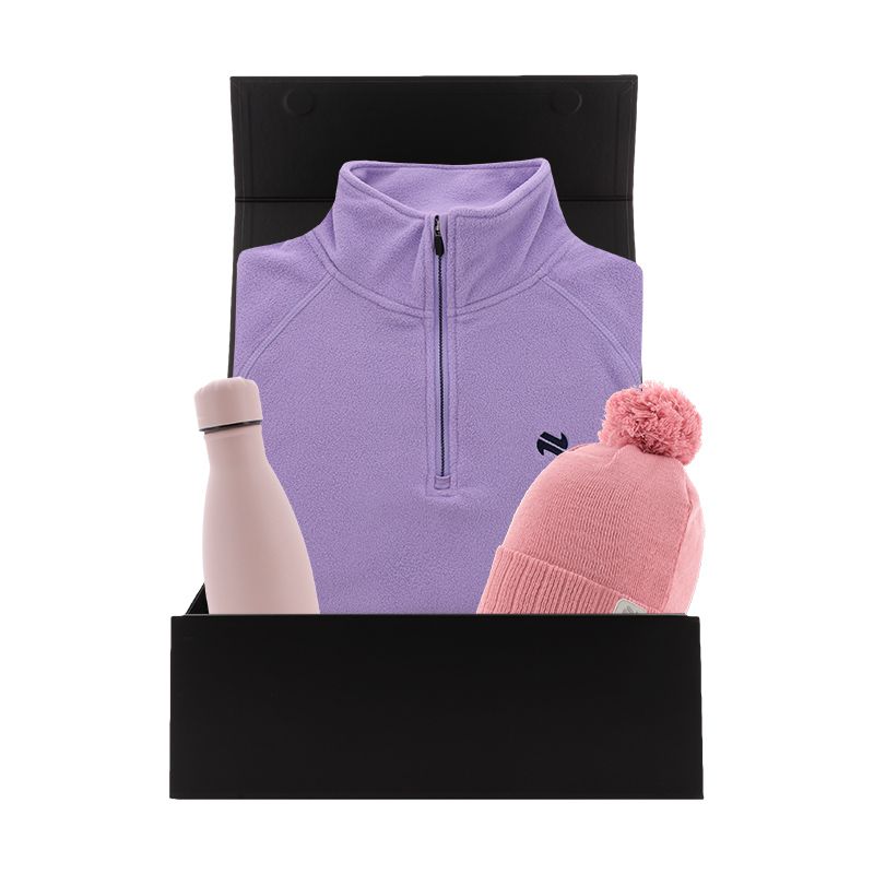 Women’s Winter Warmer Gift Box with a Purple Cairo Half Zip Fleece, Pink Arc Bobble hat and Pink Tidal Water Bottle packaged in a gift box by O’Neills.