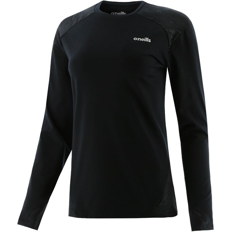 Black Cassie reflective running top women’s with reflective prints from O’Neills.