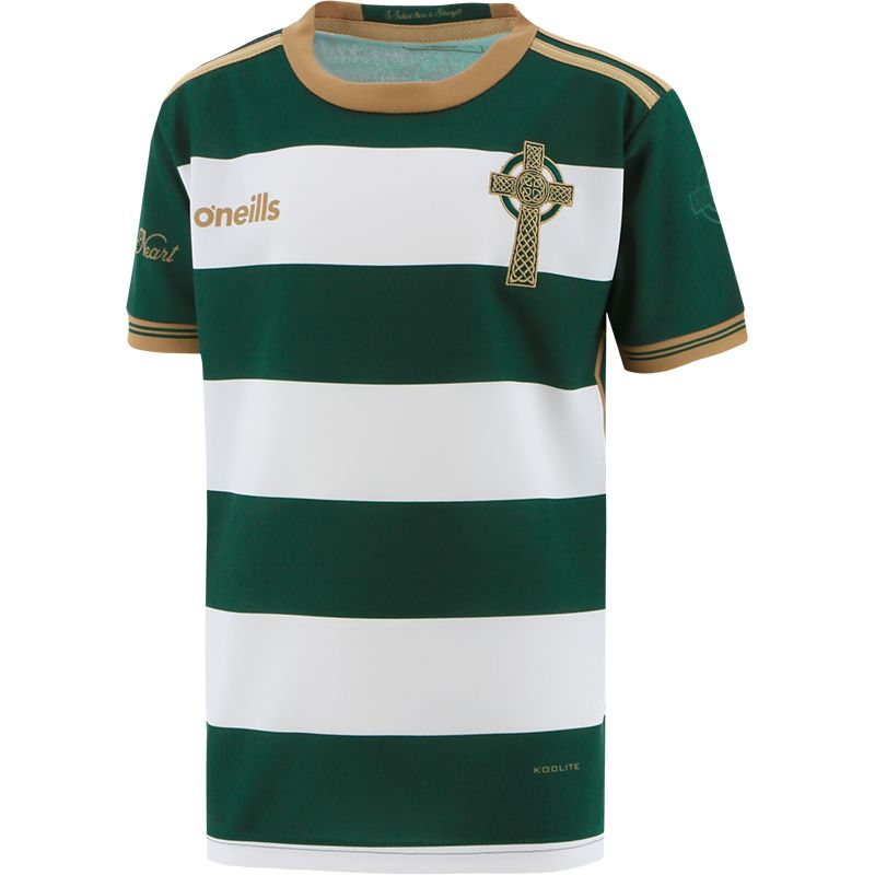 Kids Green/White Celtic Cross jersey with embroidered Celtic Cross on the chest and Celtic cross watermark design with the lettering ‘In Éirinn tá Neart’ on back by O’Neills. 